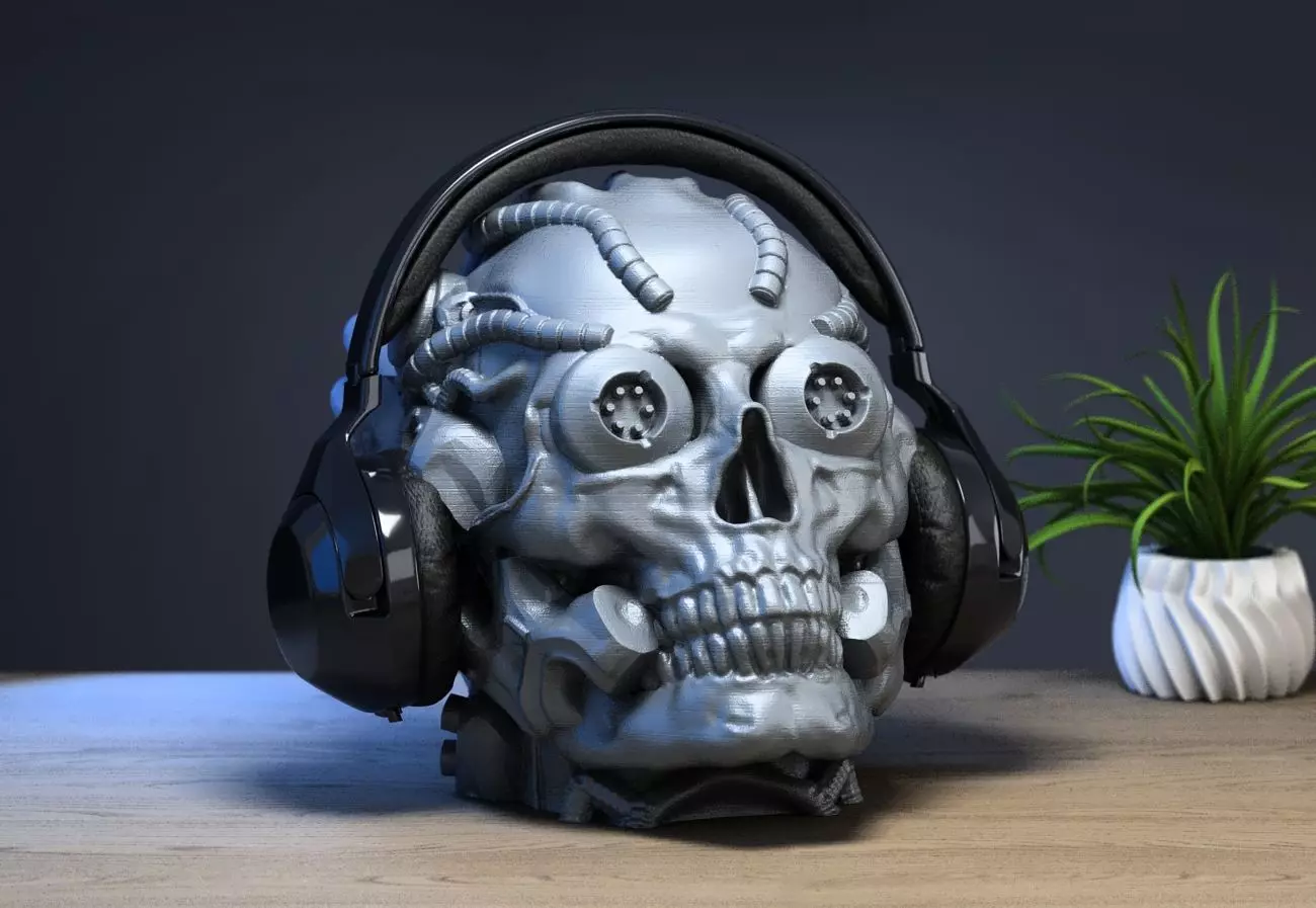 Robot Skull Headphone Stand Cyborg Headset Stand 3D print model_0