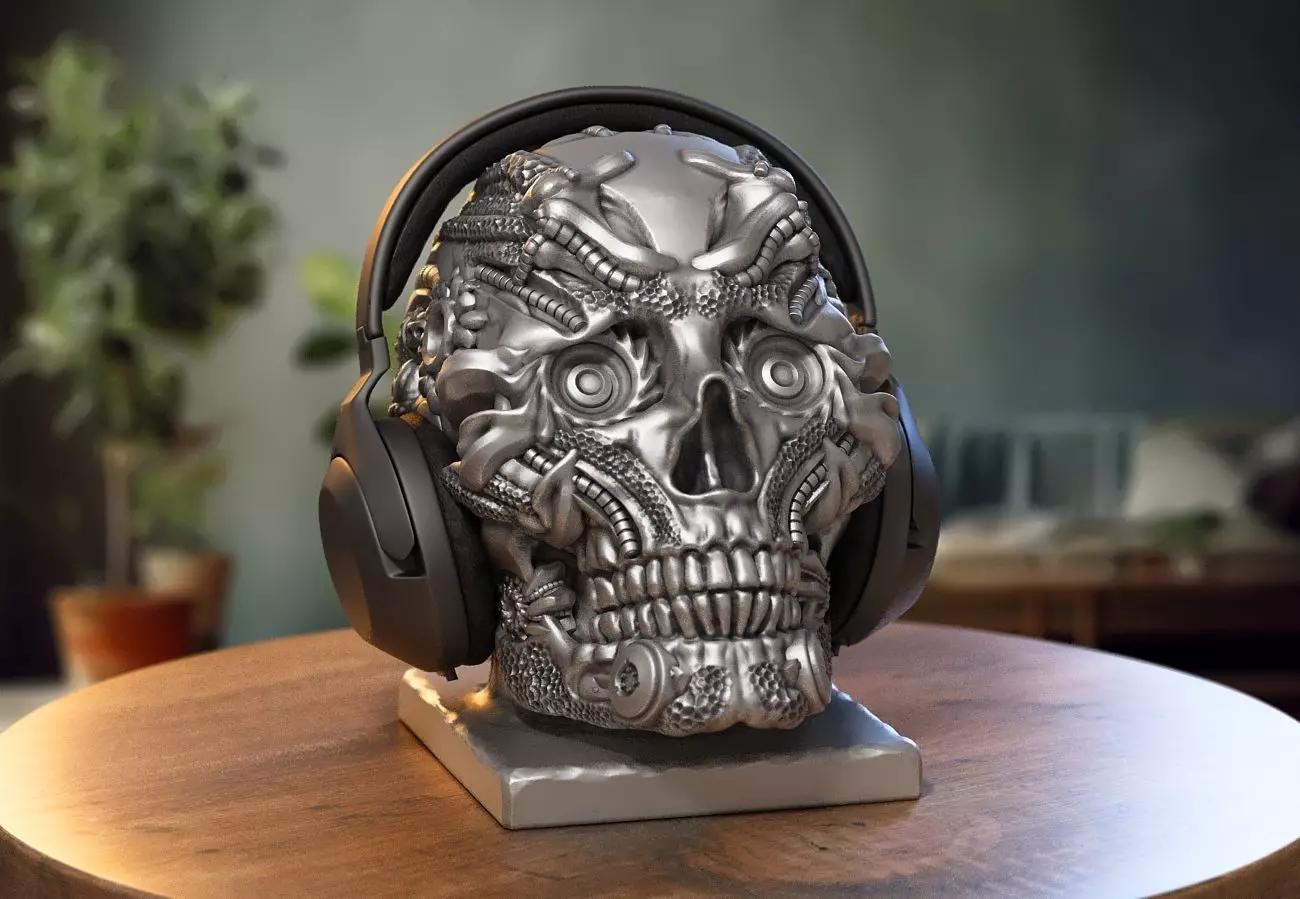 Robot Skull Headphone Stand Cyborg Headset Stand 3D print model_0