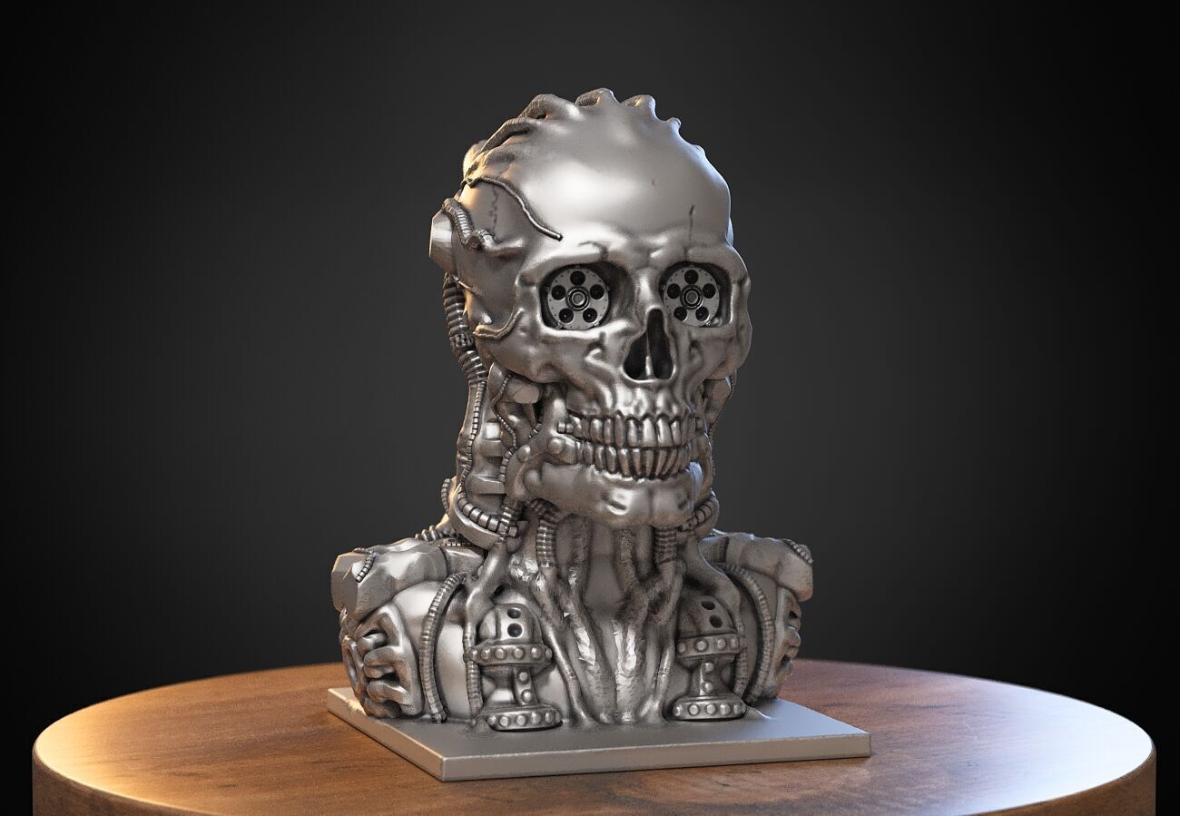 Robot Skull Headphone Stand Cyborg Headset Stand 3D print model_3