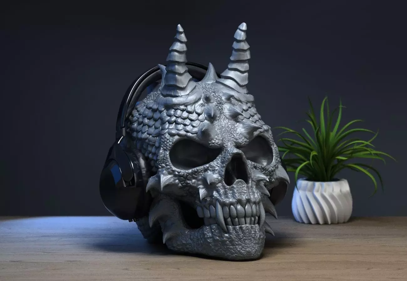 Skull dragon Headphone Stand Cyborg skull dragon Headset  3D print model_0