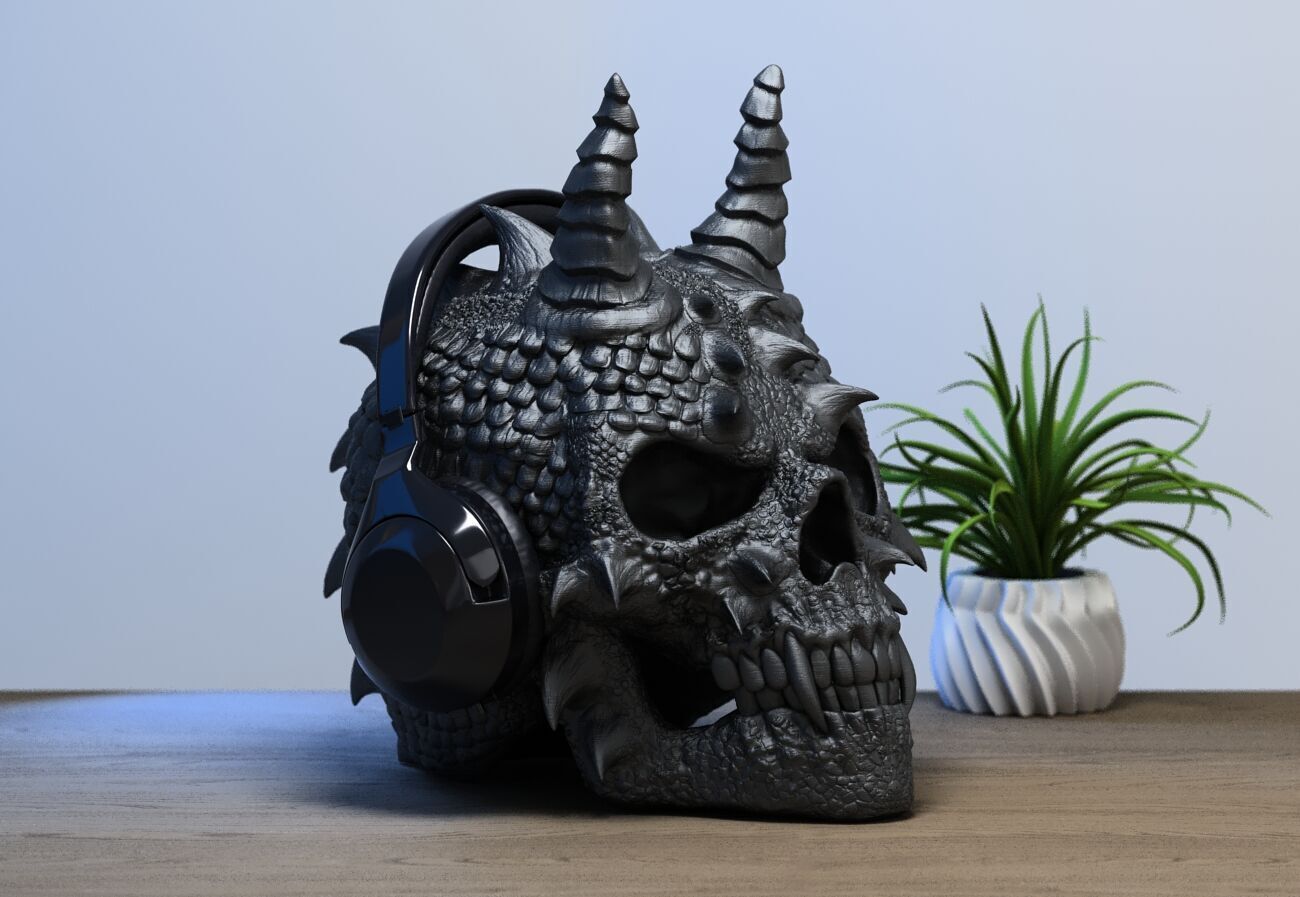 Skull dragon Headphone Stand Cyborg skull dragon Headset  3D print model_4