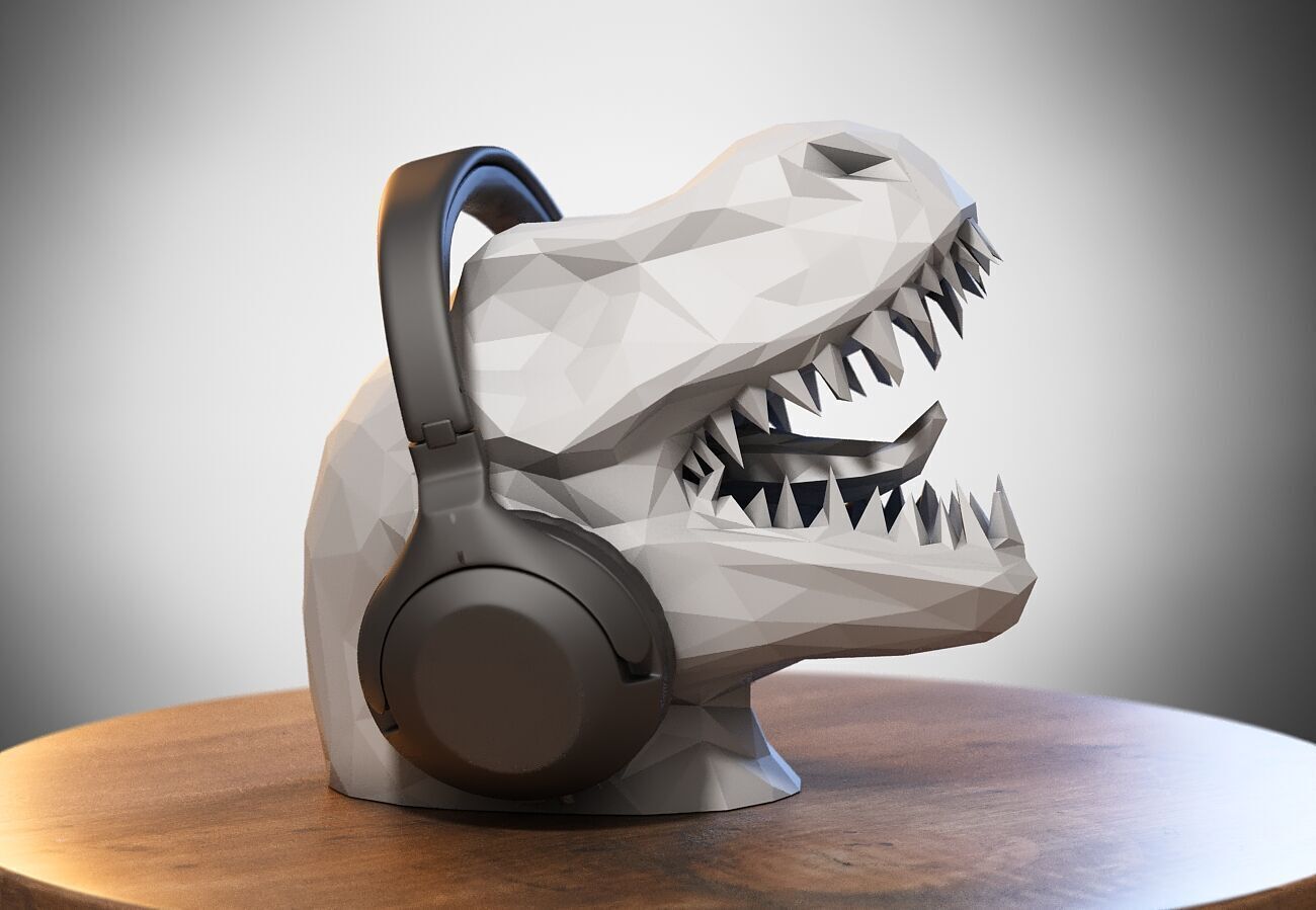 Dragon Dinosaur low-poly Headphone Stand 3D print model_1