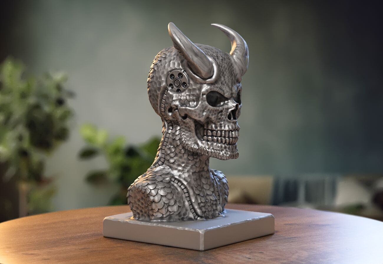 Skull robot demon dragon bust Cyborg skull dragon bust 3D print model_5