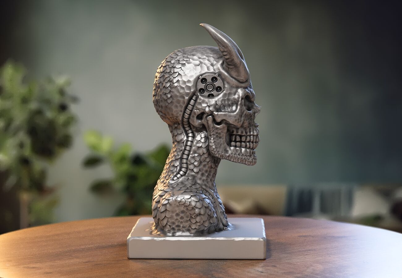 Skull robot demon dragon bust Cyborg skull dragon bust 3D print model_3
