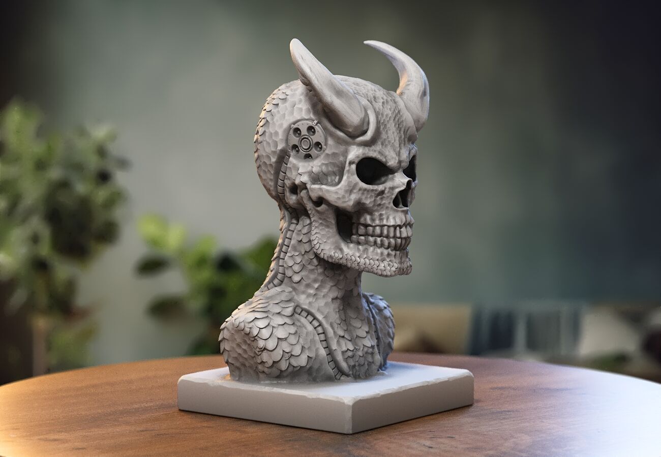 Skull robot demon dragon bust Cyborg skull dragon bust 3D print model_2