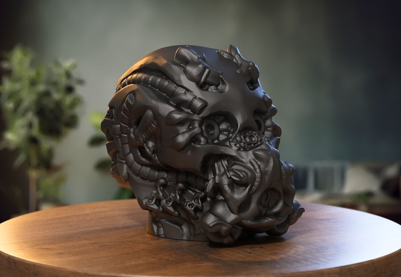 Robot Skull Headphone Stand Cyborg Headset Stand 3D print model_3