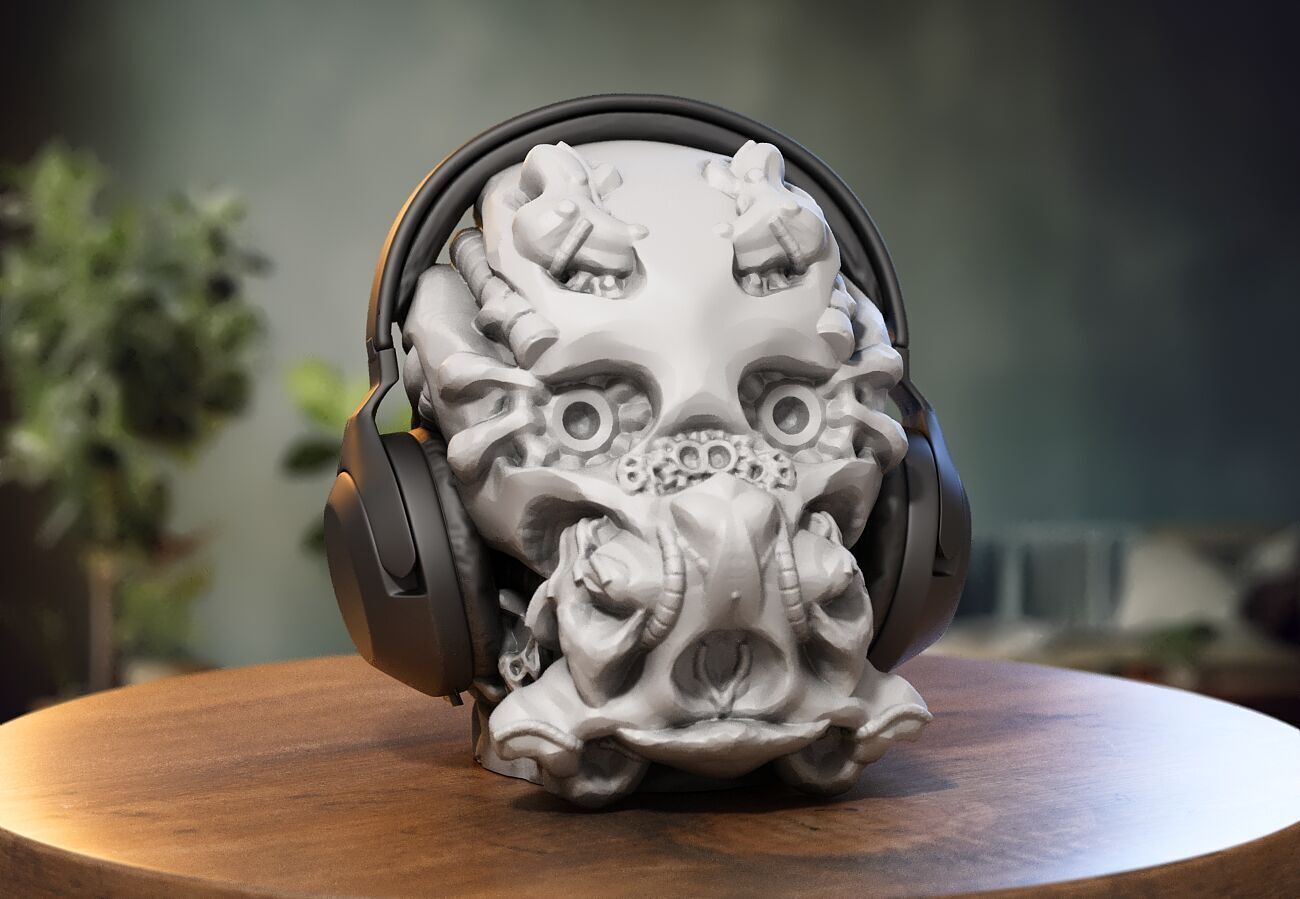 Robot Skull Headphone Stand Cyborg Headset Stand 3D print model_1