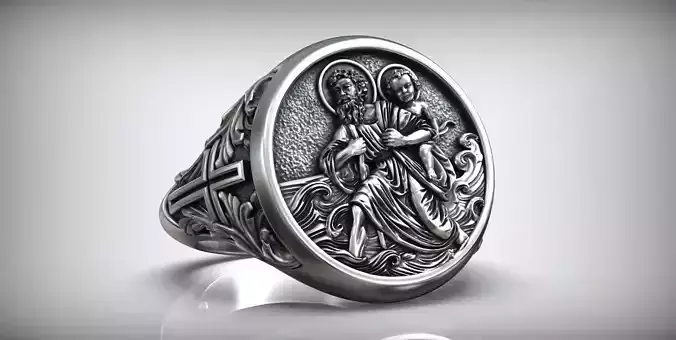 Saint Christopher Carrying Christ Cross Protect Christian Signet