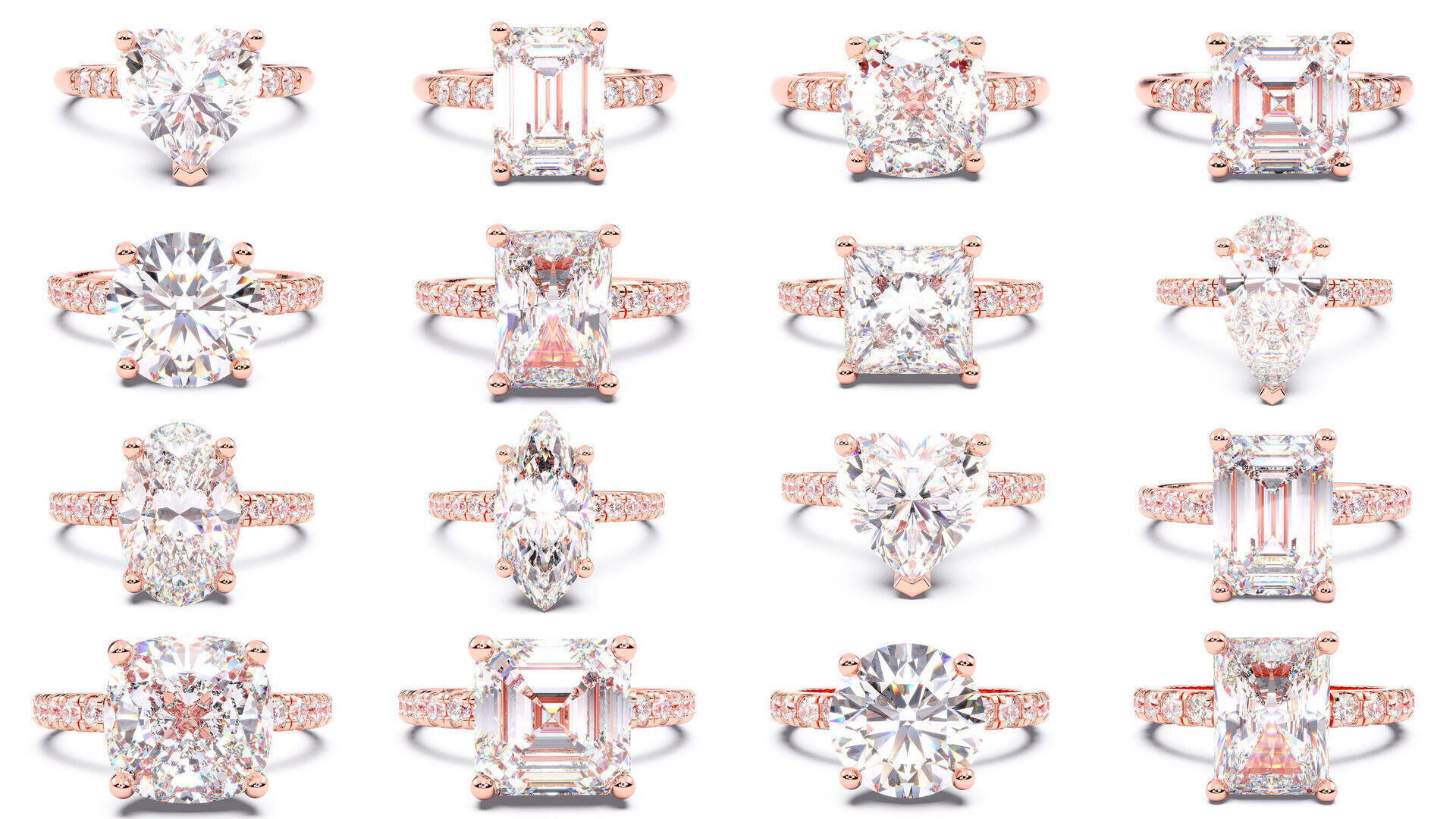 70  Solitaire rings in 10 Diamond Shapes that have Pave Setting  3D Model Collection_1