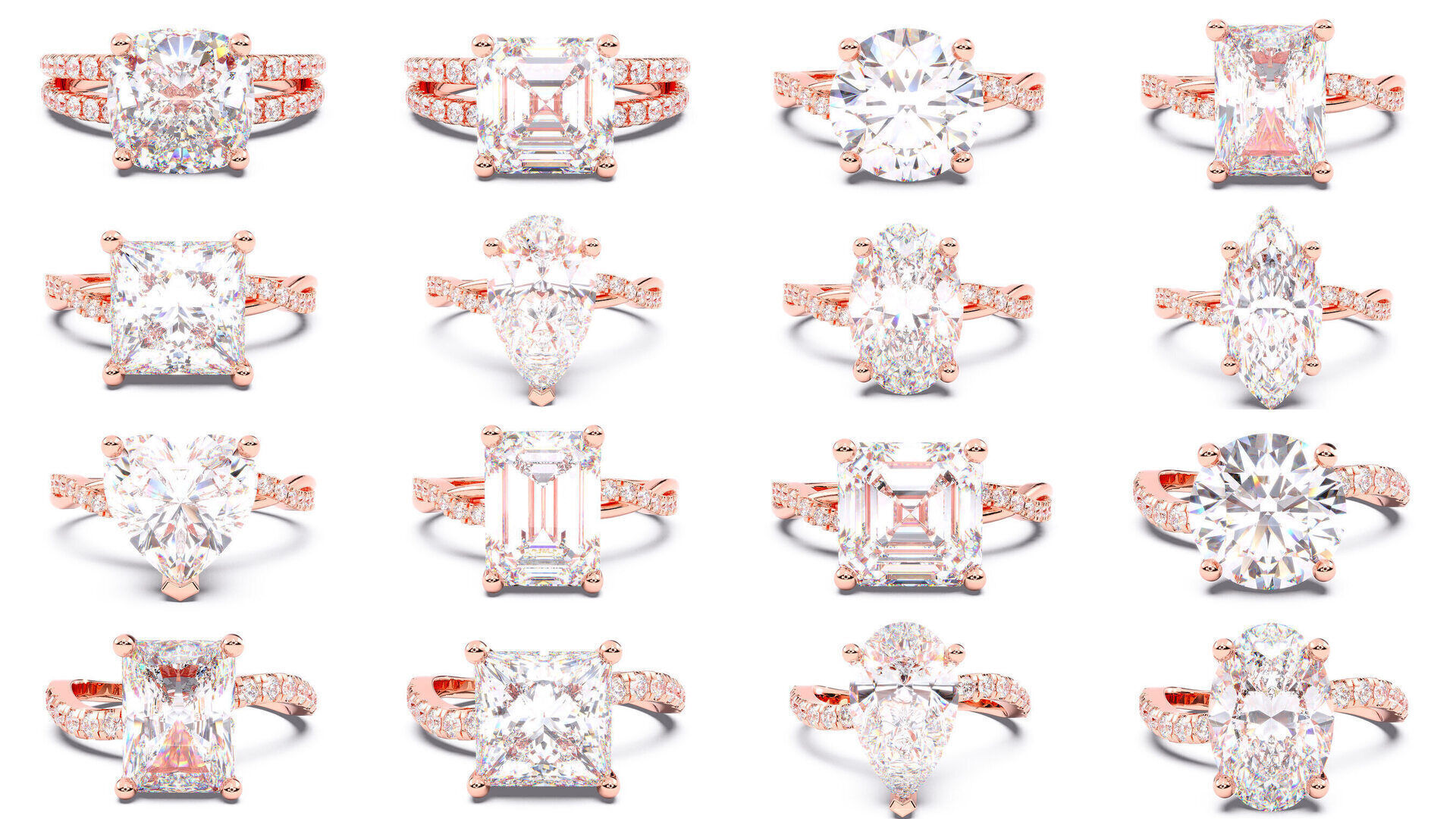 70  Solitaire rings in 10 Diamond Shapes that have Pave Setting  3D Model Collection_3