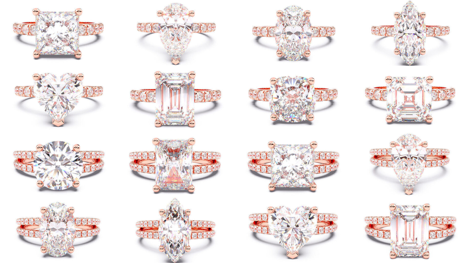 70  Solitaire rings in 10 Diamond Shapes that have Pave Setting  3D Model Collection_2