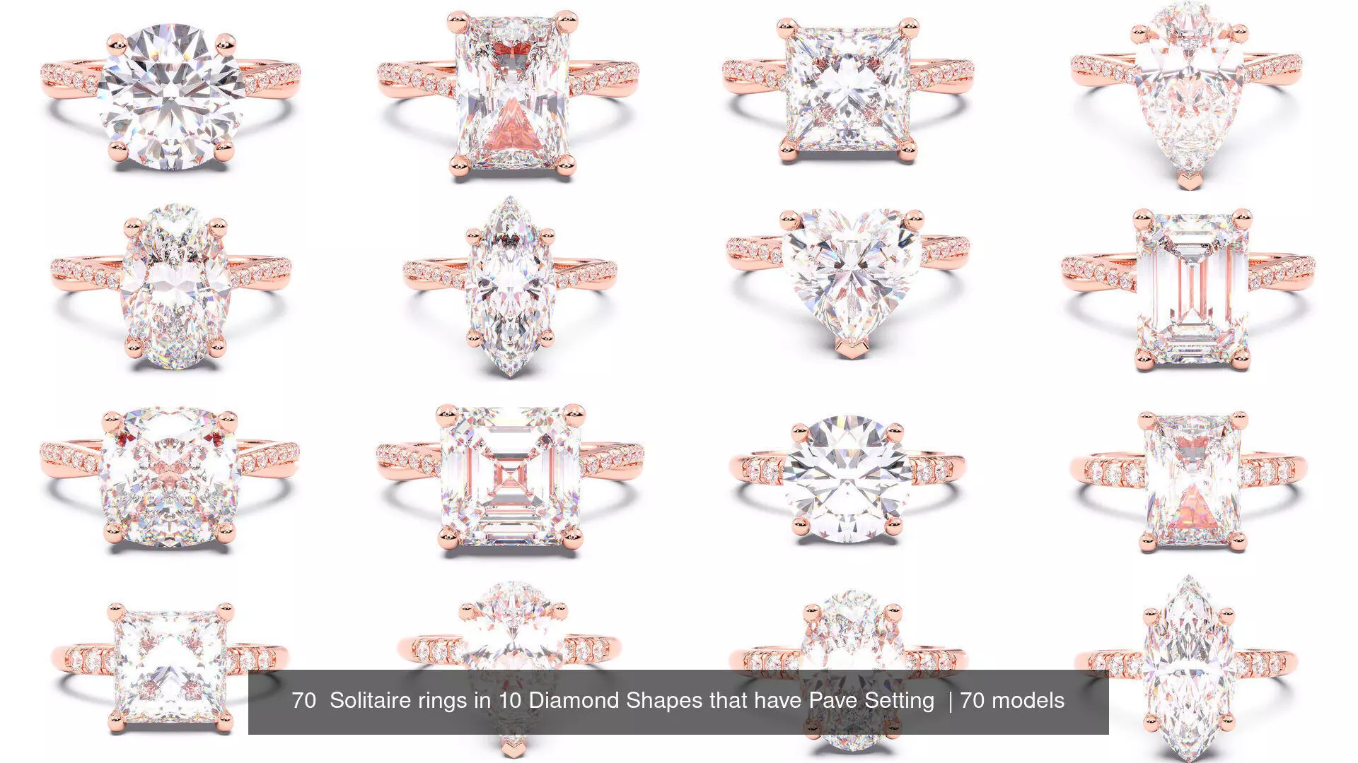 70  Solitaire rings in 10 Diamond Shapes that have Pave Setting  3D Model Collection_0
