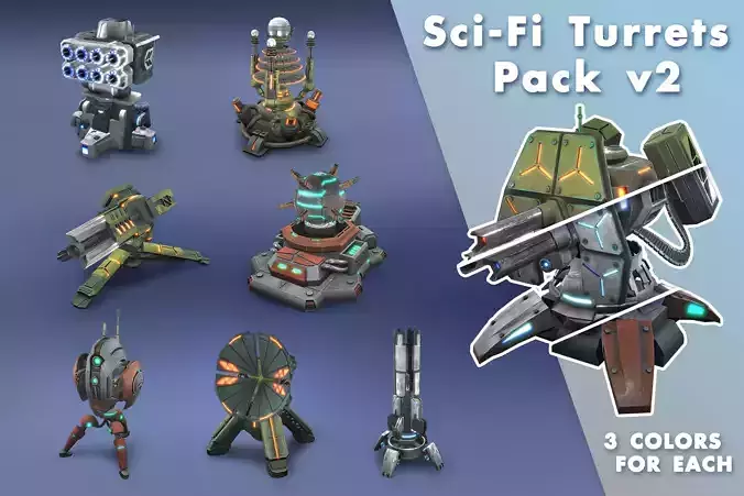 Tower Defence Sci-Fi Turrets Pack v2 Low-poly 3D model