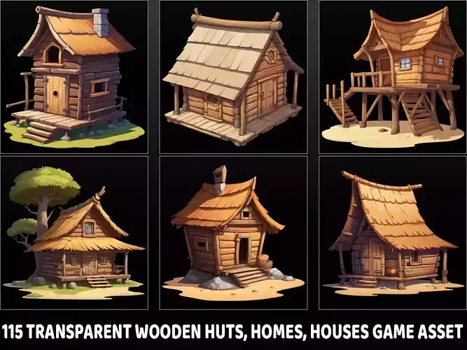115 Transparent Wooden Hut Home House Game Asset
