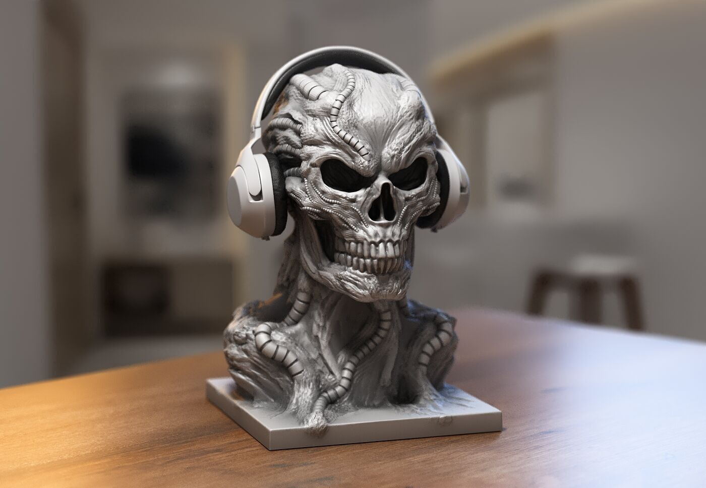 Robot Skull Headphone Stand Cyborg Headset Stand 3D print model_3