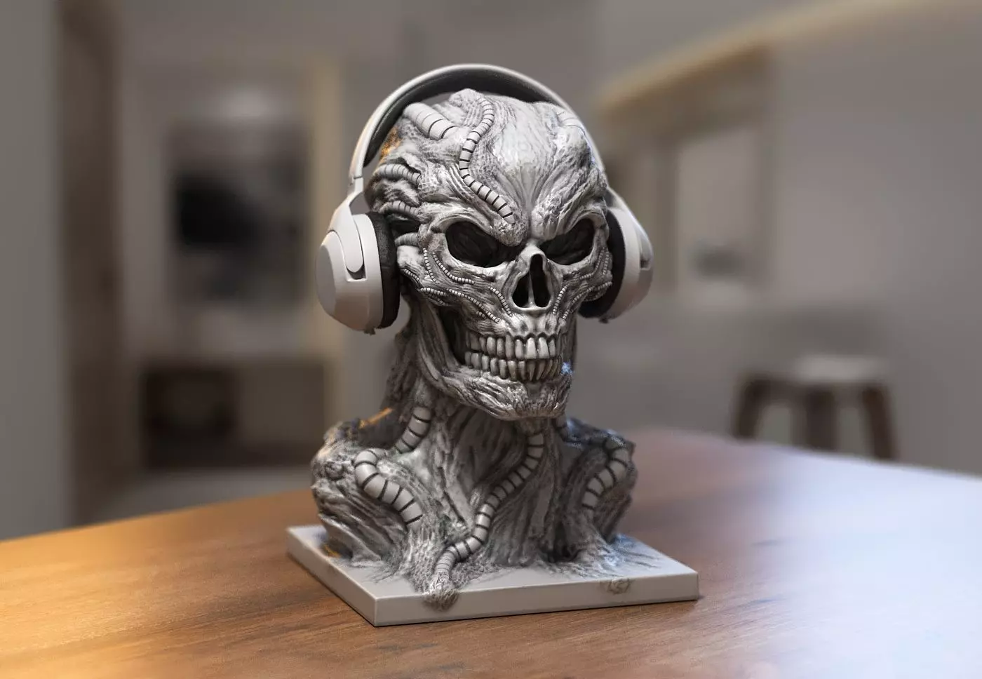 Robot Skull Headphone Stand Cyborg Headset Stand 3D print model_0