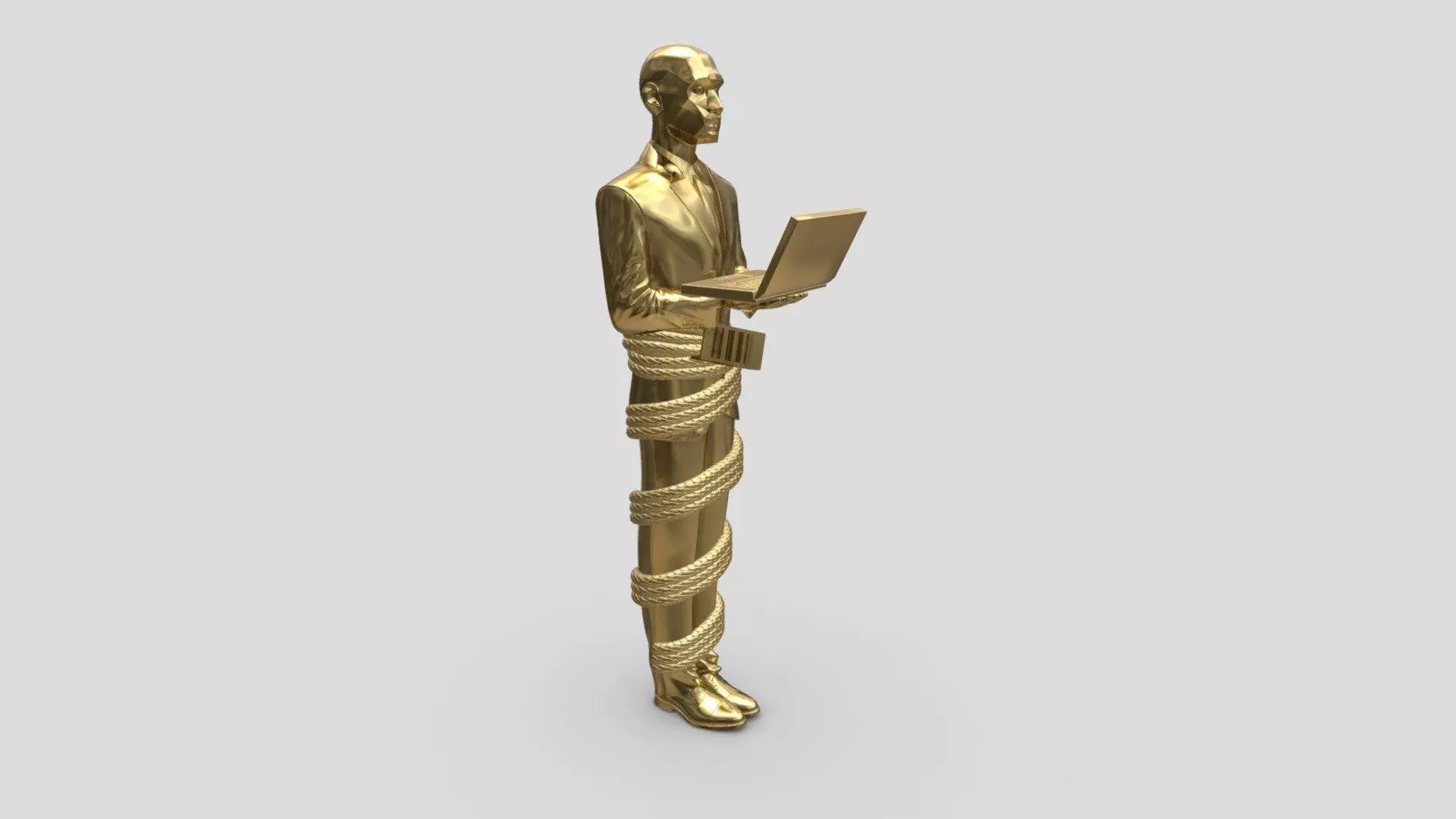 Small golden man statue in Russia holding a laptop 3D model_0