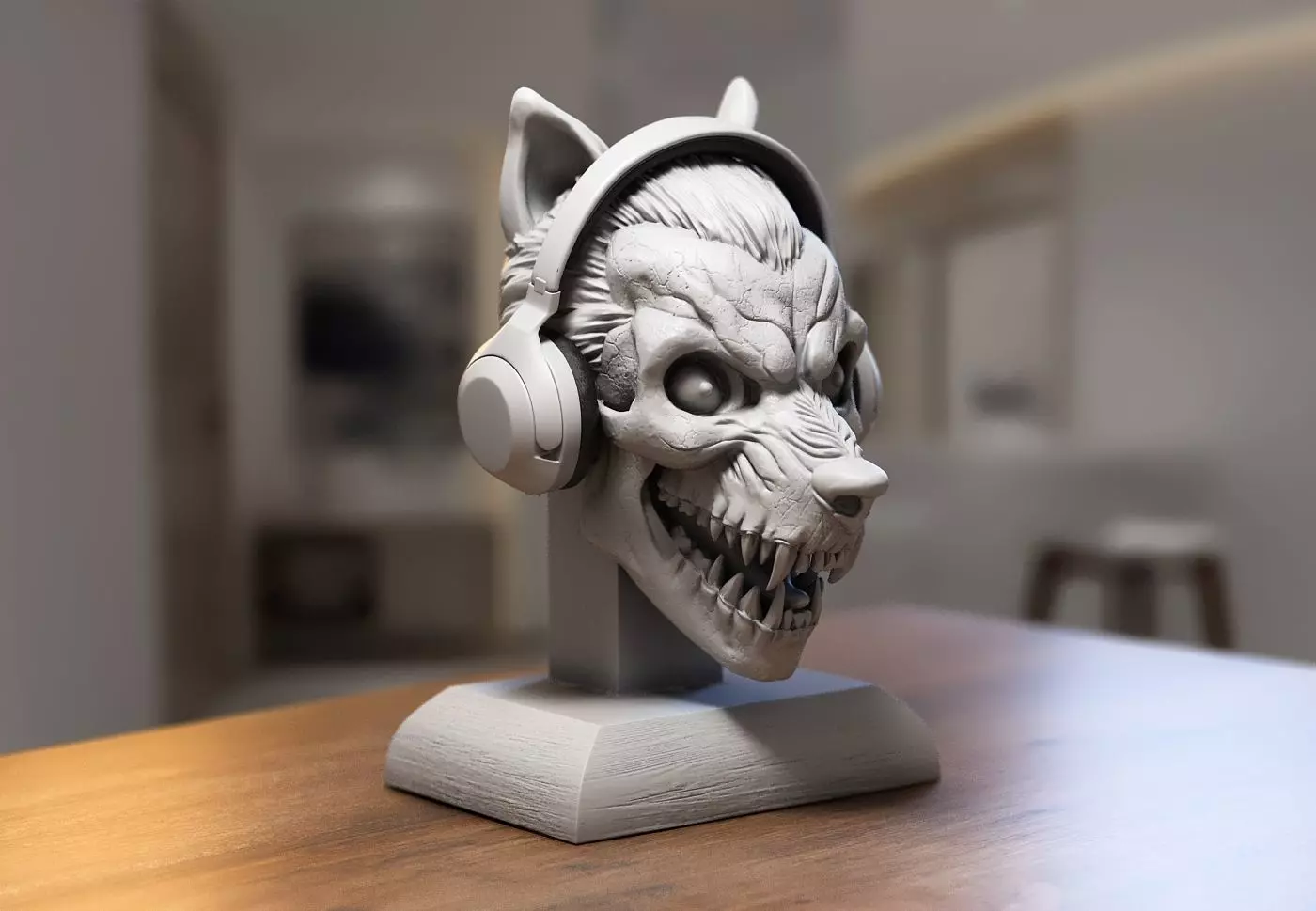 Wolf Skull Headphone Stand Cyborg Headset Stand 3D print model_0