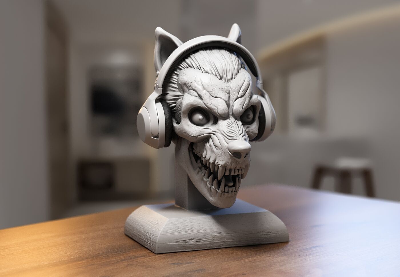 Wolf Skull Headphone Stand Cyborg Headset Stand 3D print model_2