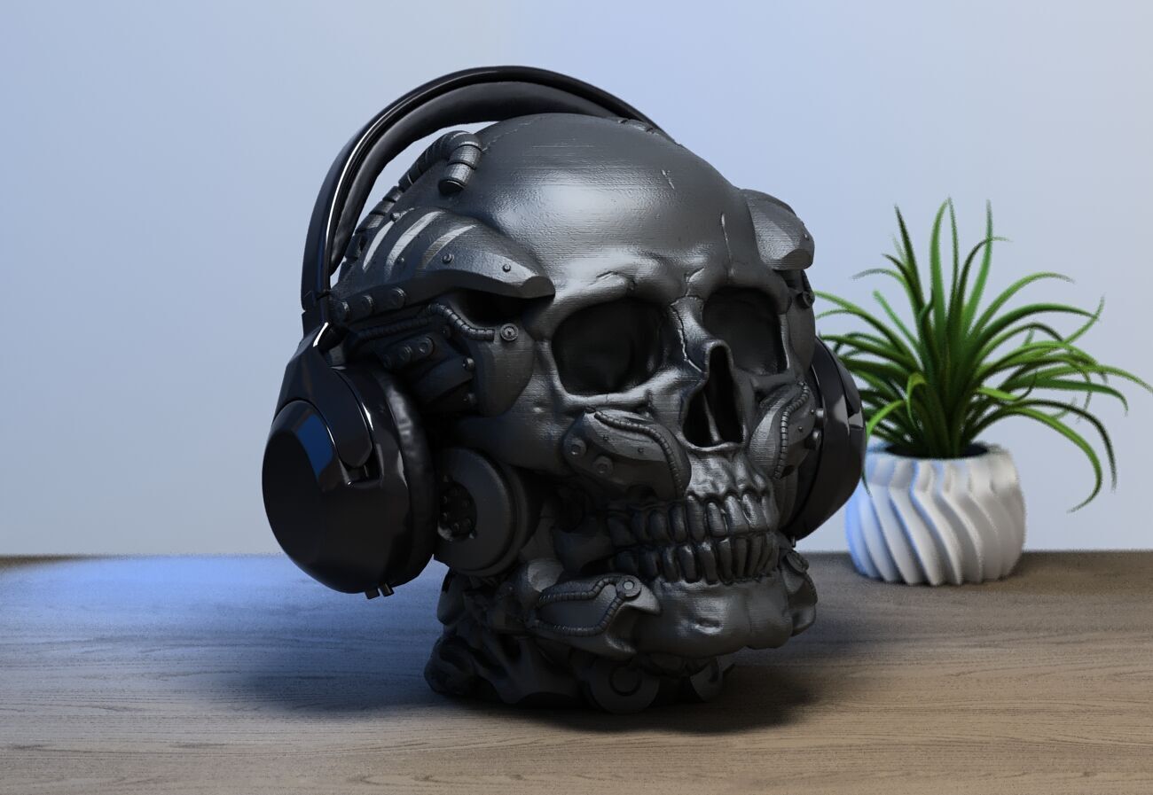 Robot Skull Headphone Stand Cyborg Headset Stand  3D print model_4