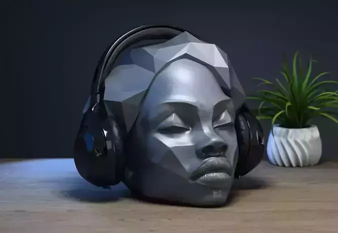 Low Poly black female Headphone Stand black female Headset  