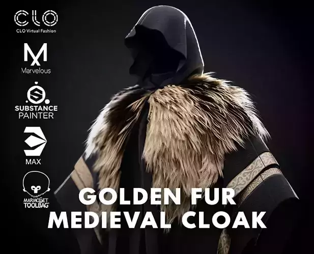 Low Poly Golden Fur Medieval Cloak 3D Model Low-poly 3D model
