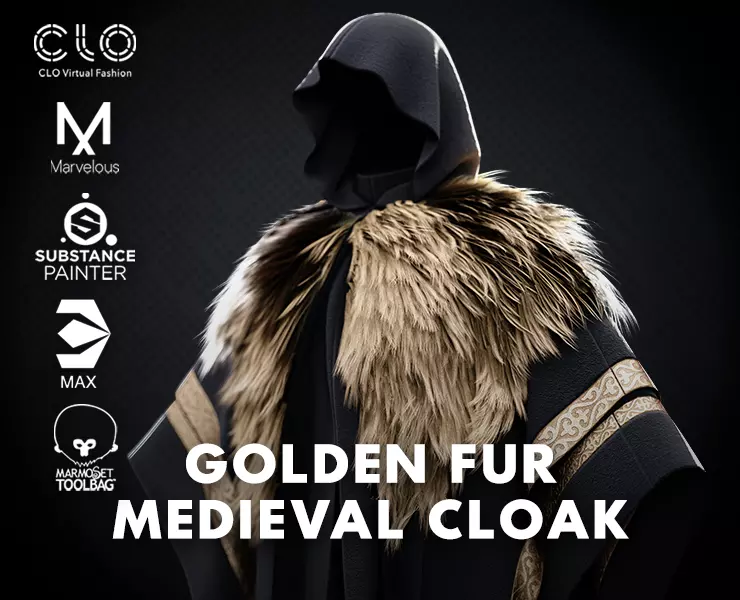 Low Poly Golden Fur Medieval Cloak 3D Model Low-poly 3D model_0