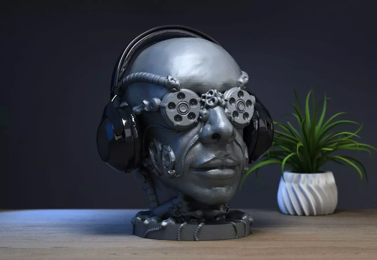 Robot human head Headphone Stand  Cyborg Headset Stand 3D print model_0