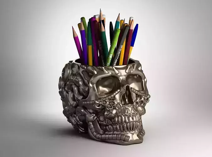 robot skull pen holder stuff holder  3D print model