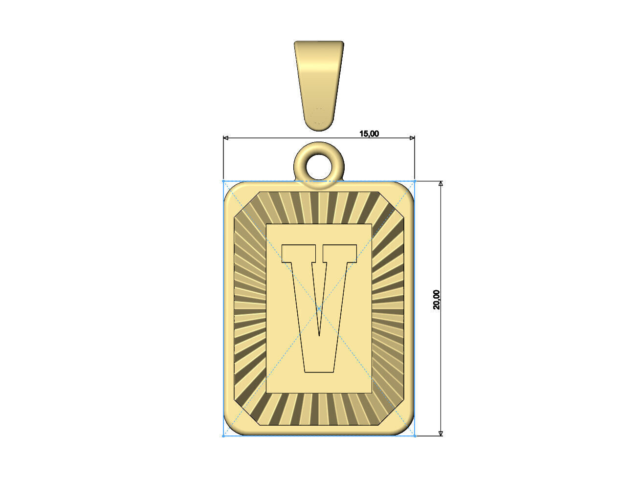 V letter initial NBA font faceted sunrays pendant charm 3D print model_6