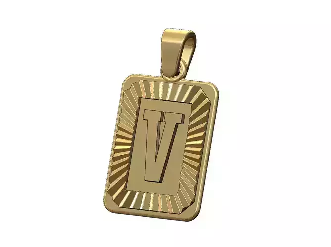 V letter initial NBA font faceted sunrays pendant charm