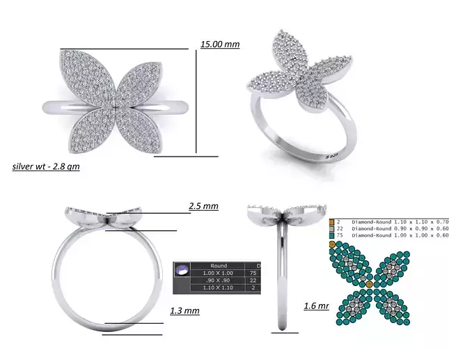 Simple Butterfly Diamond Ring ready STL model for print 3D print model