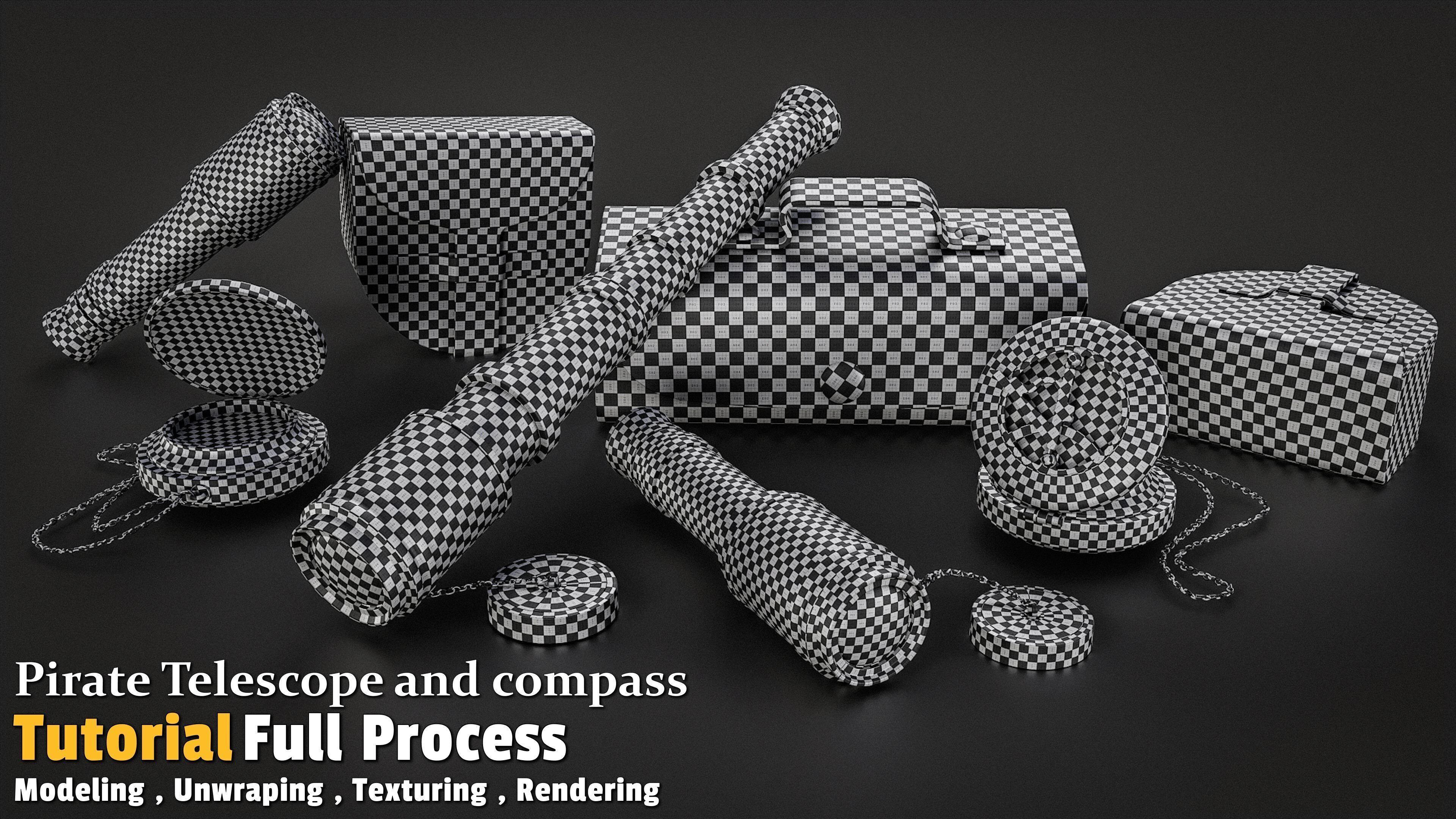 Pirate Telescope and compass Low-poly 3D model_3