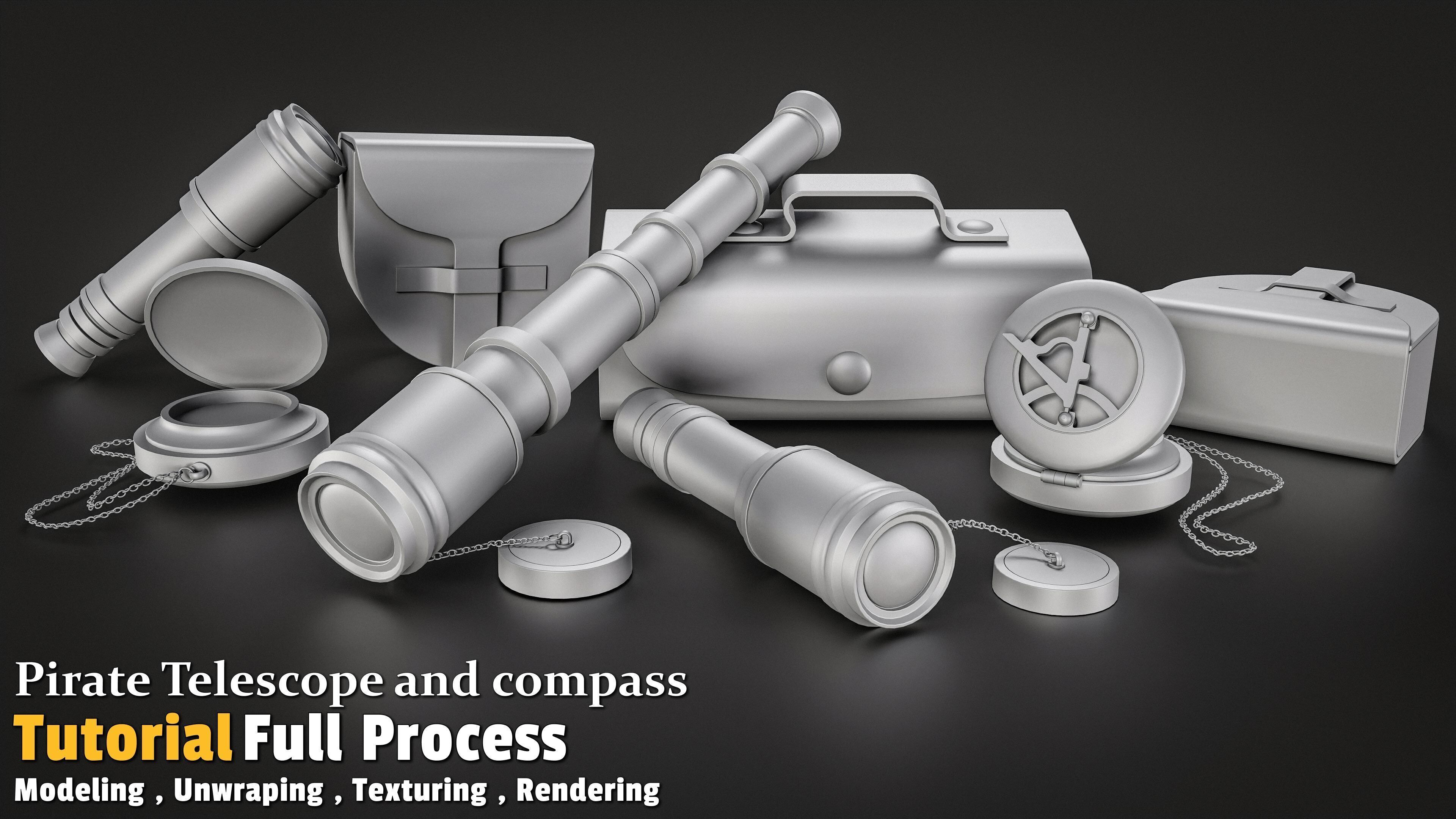 Pirate Telescope and compass Low-poly 3D model_5