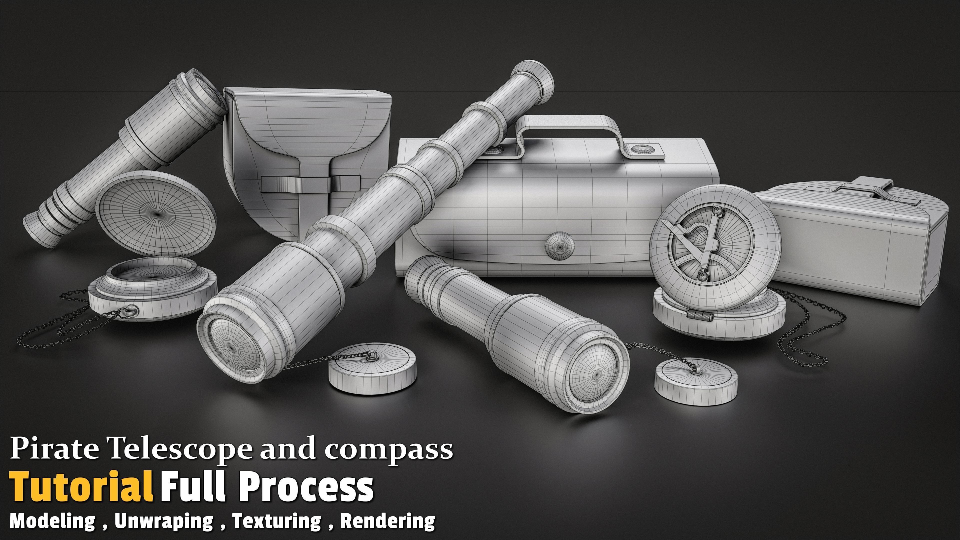 Pirate Telescope and compass Low-poly 3D model_4