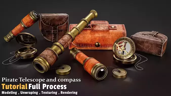 Pirate Telescope and compass Low-poly 3D model