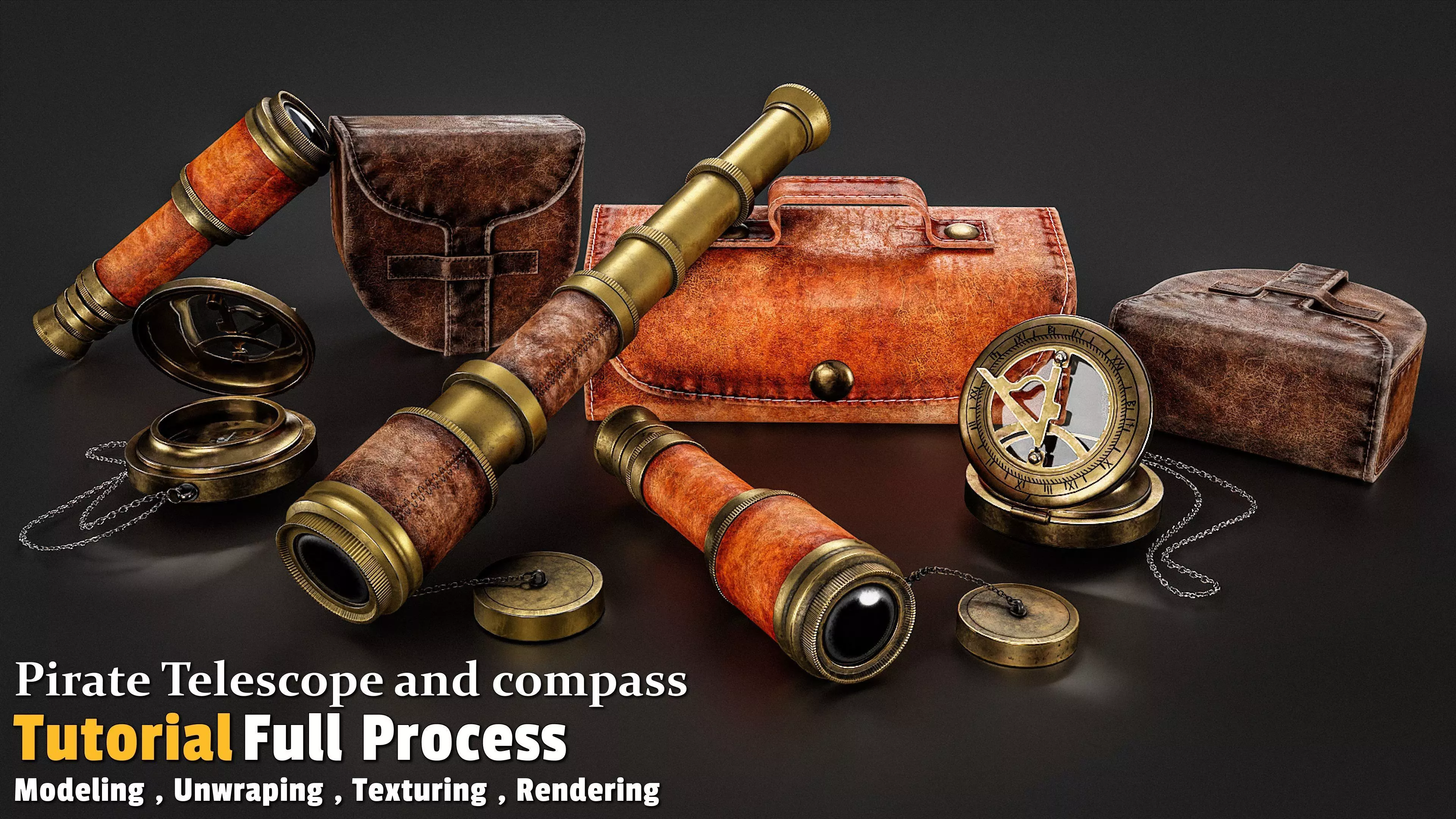 Pirate Telescope and compass Low-poly 3D model_0