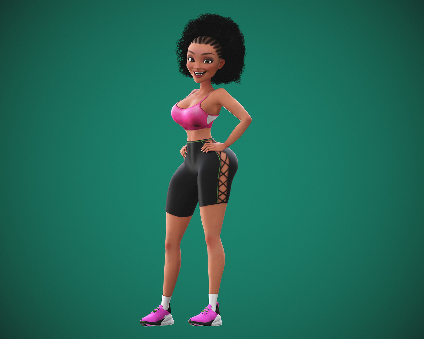 Game Cartoon Black Fitness Girl Character rigged Low-poly 3D model_17