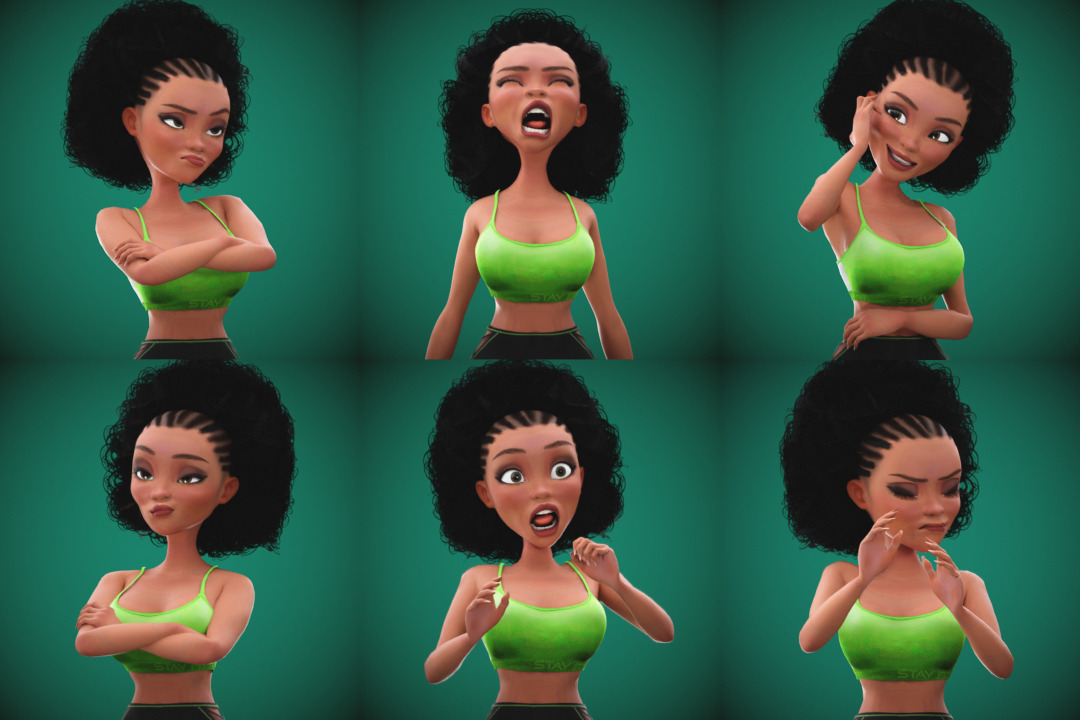 Game Cartoon Black Fitness Girl Character rigged Low-poly 3D model_3