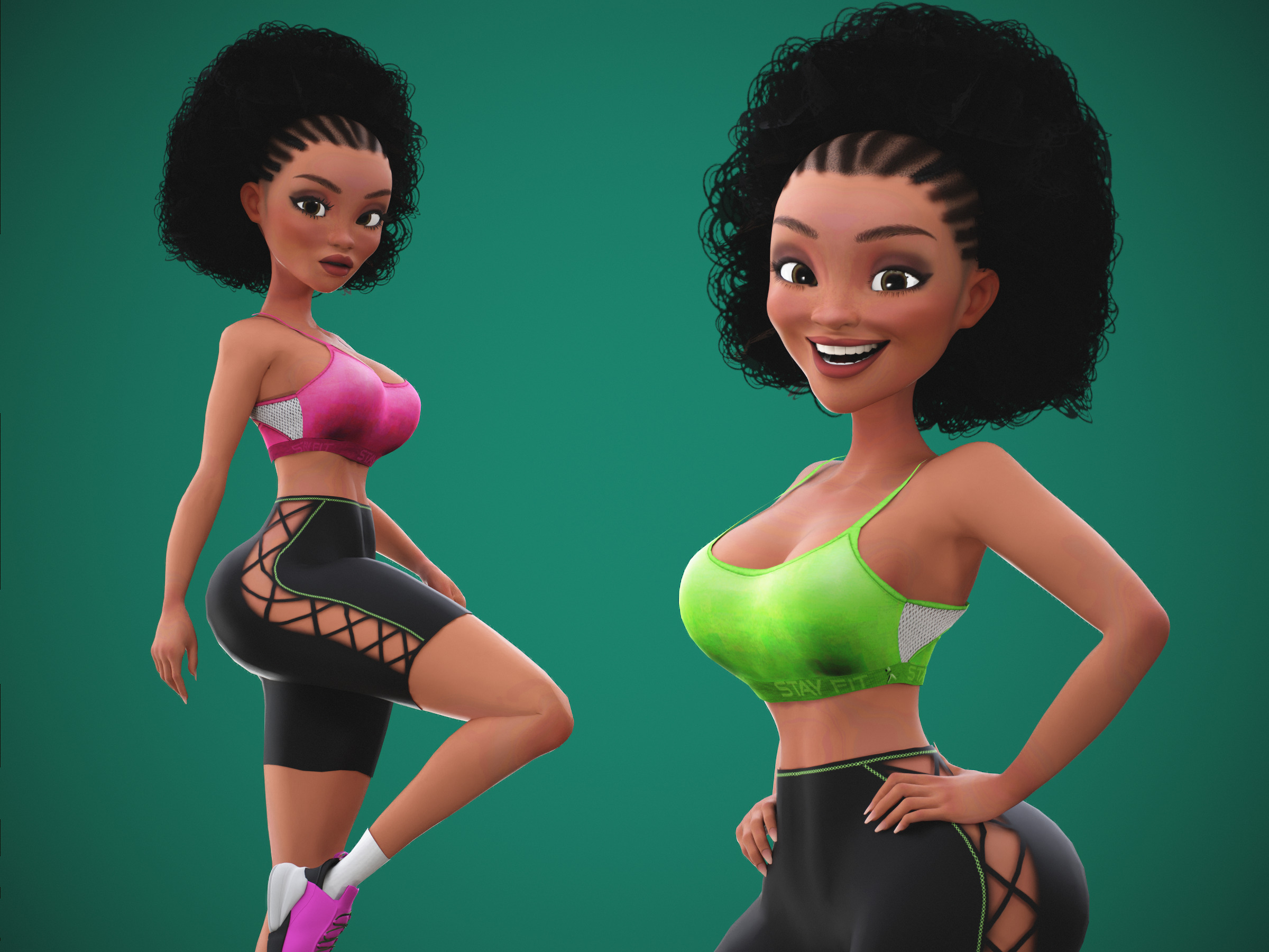 Game Cartoon Black Fitness Girl Character rigged Low-poly 3D model_4