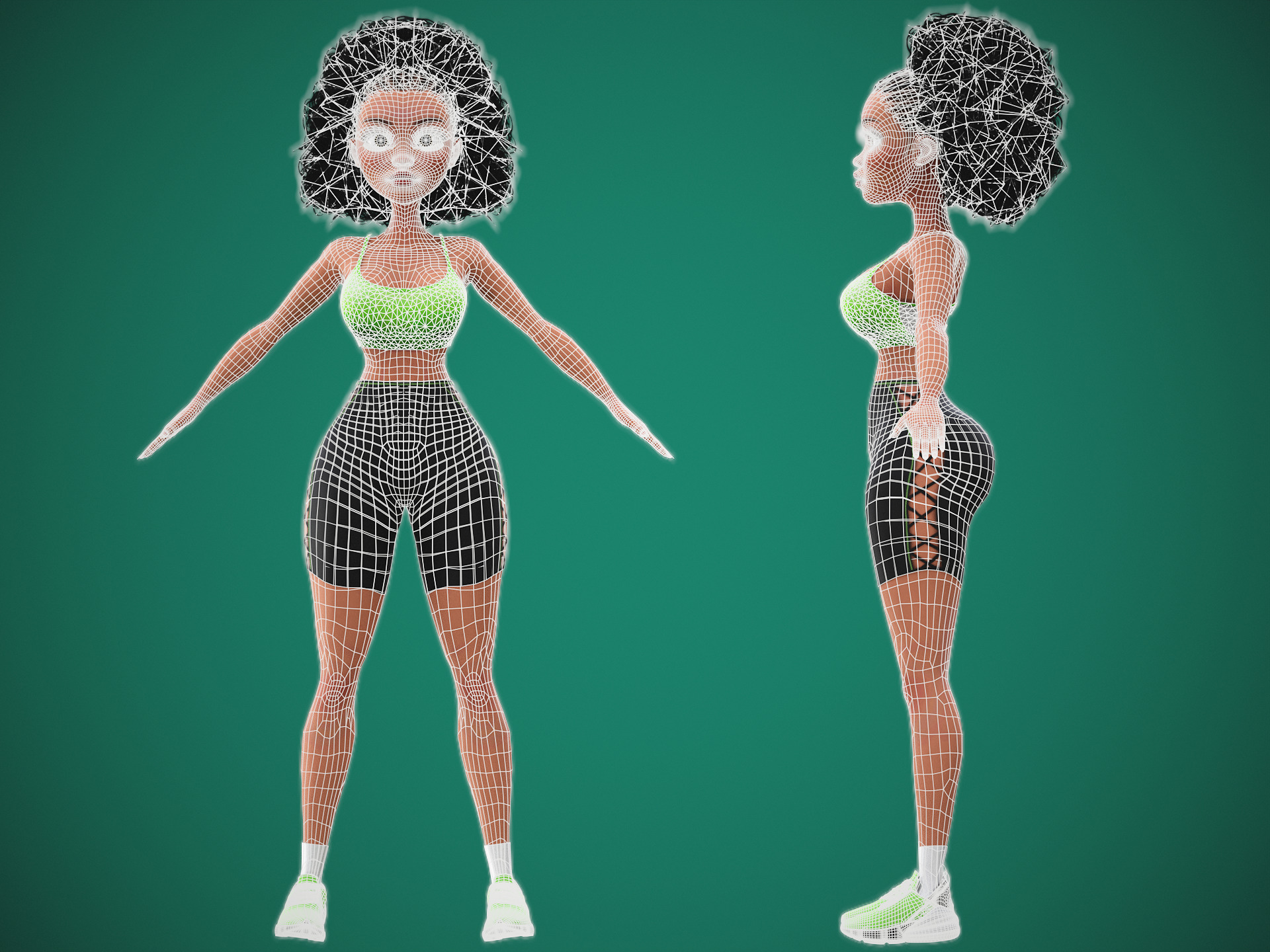 Game Cartoon Black Fitness Girl Character rigged Low-poly 3D model_7