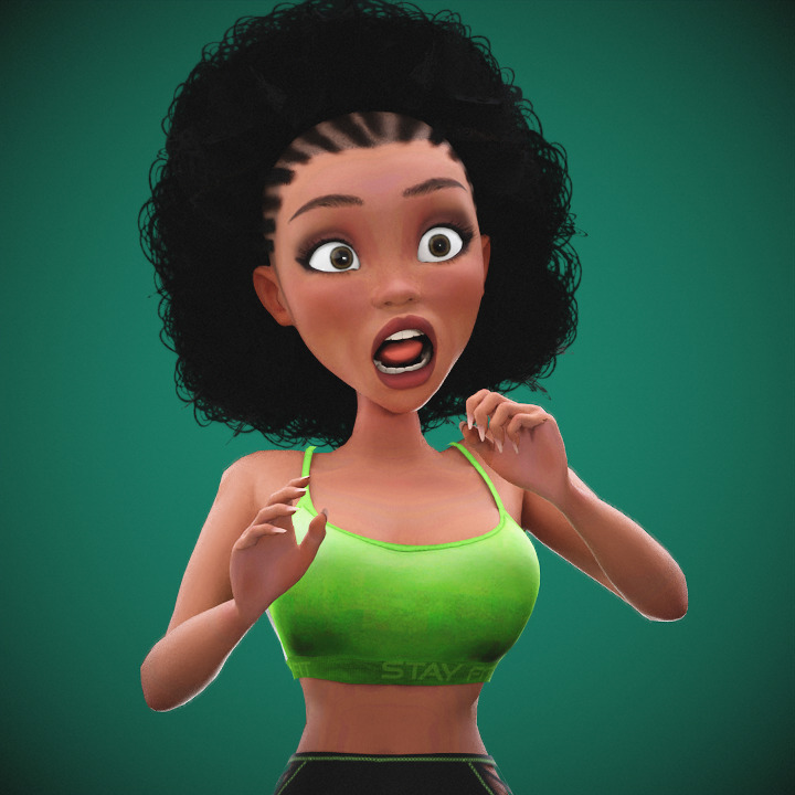 Game Cartoon Black Fitness Girl Character rigged Low-poly 3D model_27