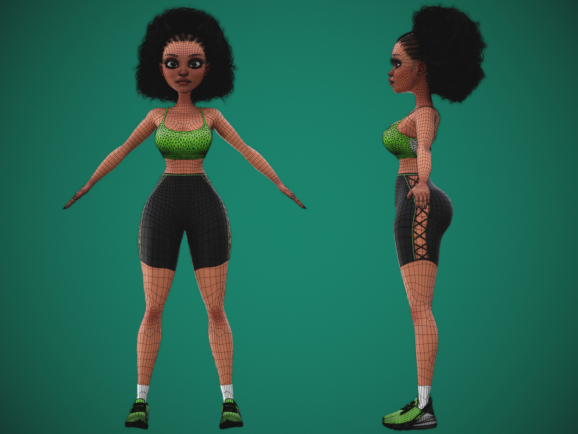 Game Cartoon Black Fitness Girl Character rigged Low-poly 3D model_6