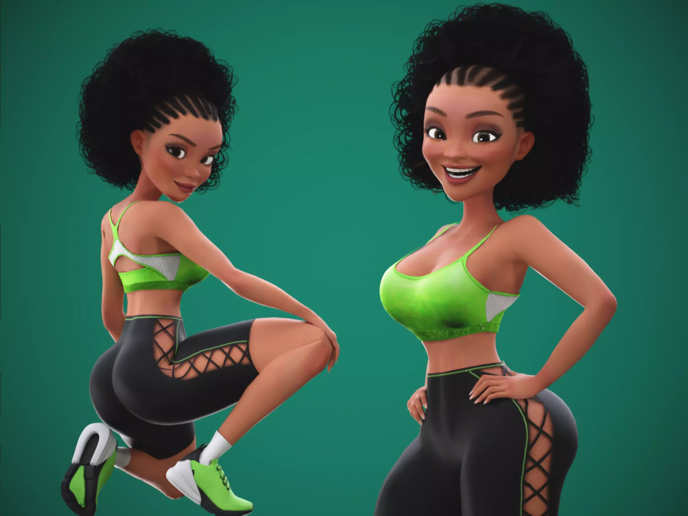 Game Cartoon Black Fitness Girl Character rigged Low-poly 3D model_0