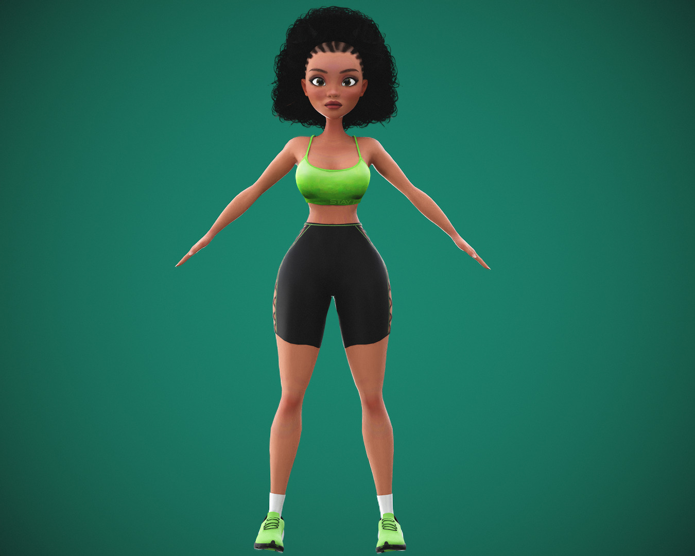 Game Cartoon Black Fitness Girl Character rigged Low-poly 3D model_15
