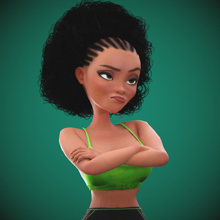 Game Cartoon Black Fitness Girl Character rigged Low-poly 3D model_24