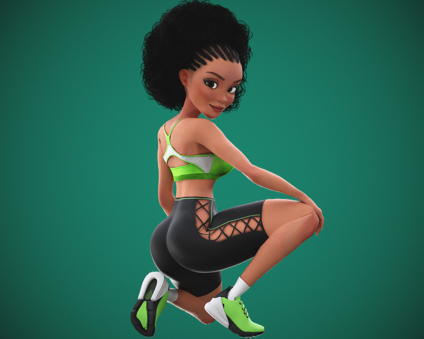 Game Cartoon Black Fitness Girl Character rigged Low-poly 3D model_19