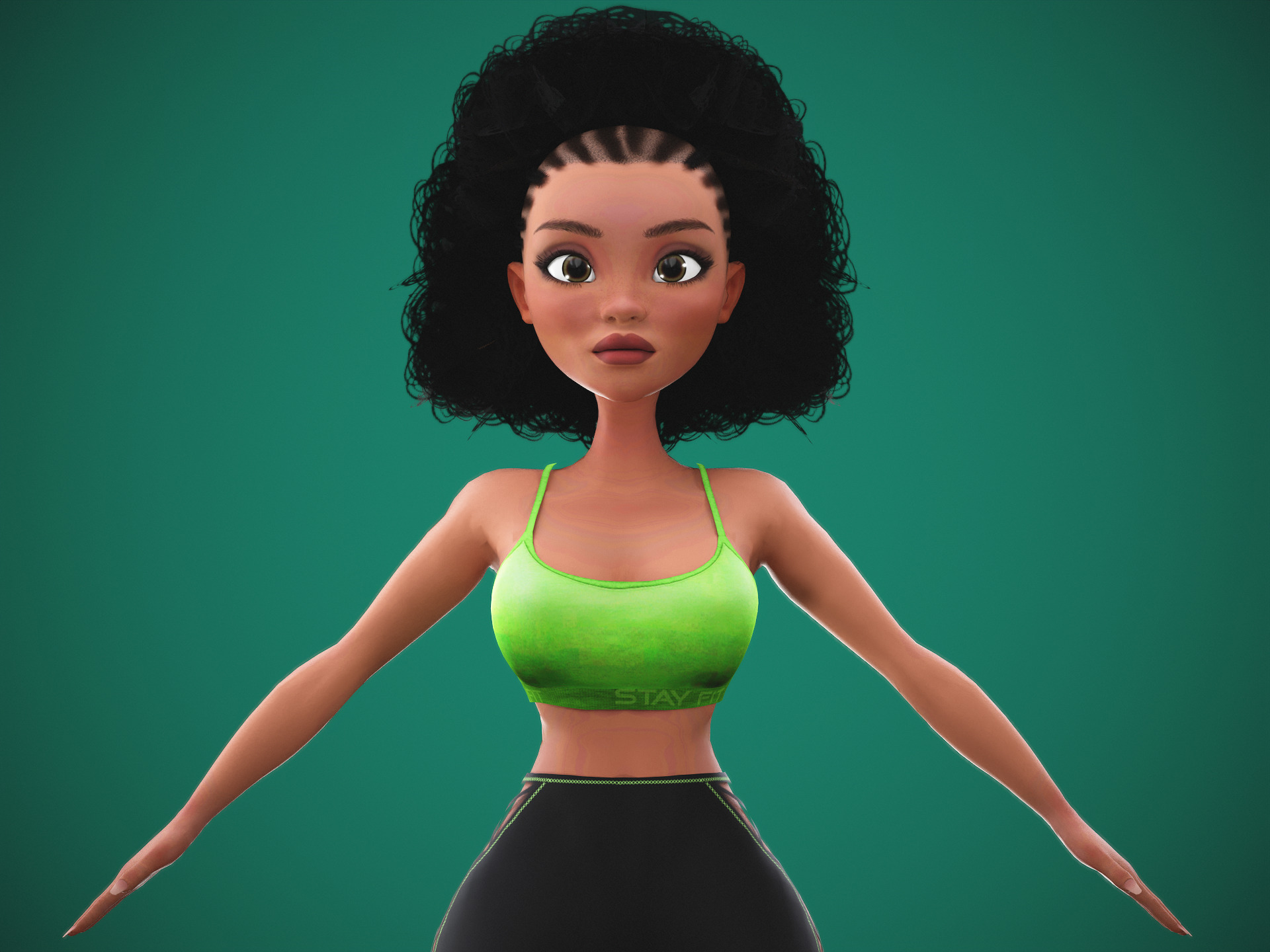Game Cartoon Black Fitness Girl Character rigged Low-poly 3D model_8