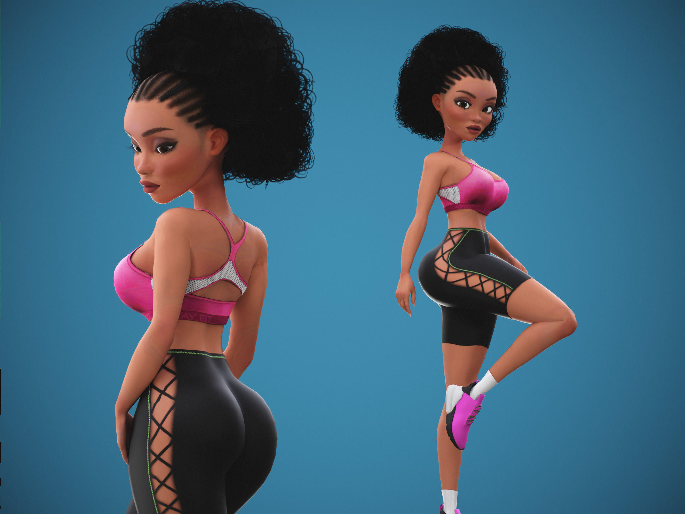 Game Cartoon Black Fitness Girl Character rigged Low-poly 3D model_1