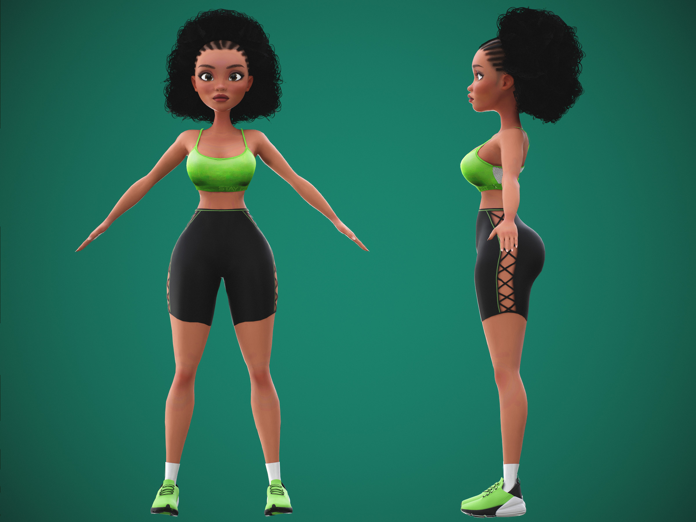 Game Cartoon Black Fitness Girl Character rigged Low-poly 3D model_5